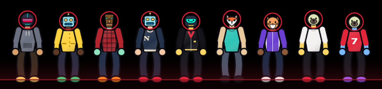 A row of viewer Riders standing on the Towards Night stage: skull mask, robot, bear, fox and more, each in their own outfit