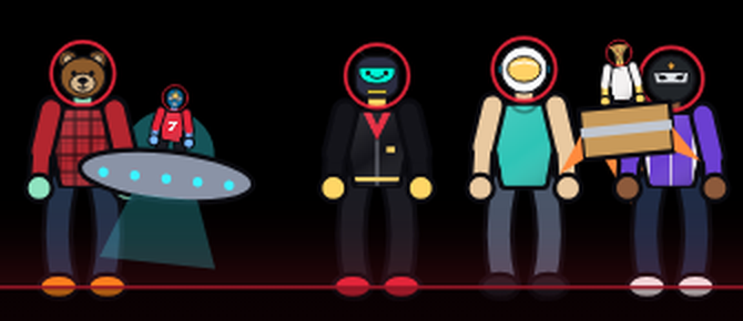 Riders on stage, one hovering in a Neon Saucer and one riding a Cardboard Rocket